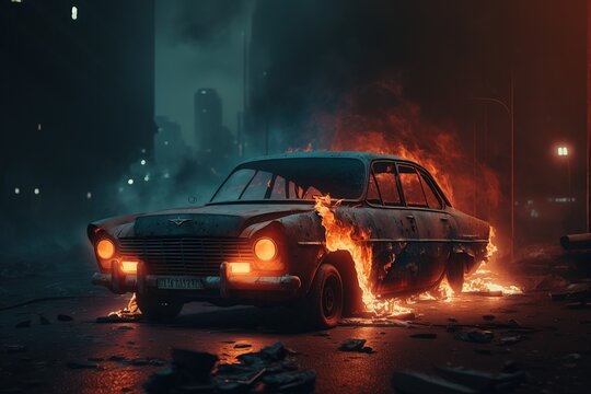 A car is on fire in a dark city street at night with a lot of debris around it octane rendering a 3d render auto-destructive art
