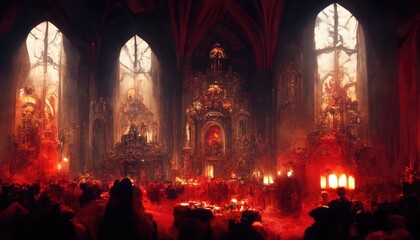 Poster - The interior of a cathedral in hell full of demons, Bible illustration. Generative AI