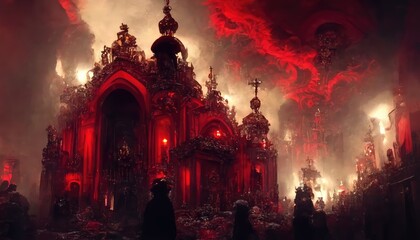 Wall Mural - The interior of a cathedral in hell full of demons, Bible illustration. Generative AI