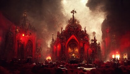 Poster - The interior of a cathedral in hell full of demons, Bible illustration. Generative AI