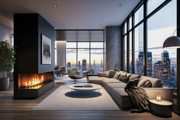 Wall Mural - A spacious and stylish penthouse with a sprawling cityscape view, modern furnishings, and a sleek fireplace - Generative AI