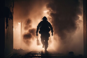 Poster - A soldier walking through smoke filled hallway in the dark of night with a gun in his hand warrior a stock photo unilalianism