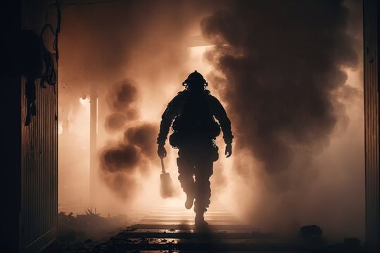 A soldier walking through smoke filled hallway in the dark of night with a gun in his hand warrior a stock photo unilalianism