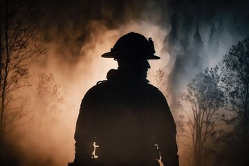 Poster - A firefighter in silhouette with a forest in the background at night with smoke coming from the trees cinematic photography a photorealistic painting art photography
