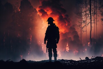 Poster - A soldier standing in front of a fire in the woods at night time with a hat on apocalypse a stock photo antipodeans