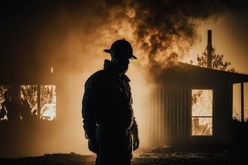 Poster - A man standing in front of a fire with smoke coming out of the building behind him award - winning photo a stock photo institutional critique