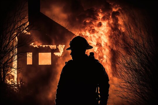 A firefighter standing in front of a house on fire with a house in the background award - winning photo a digital rendering art photography
