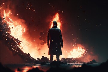 Fototapete - A man standing in front of a huge fire with a coat on and a hood on cinematic 4k wallpaper cyberpunk art antipodeans