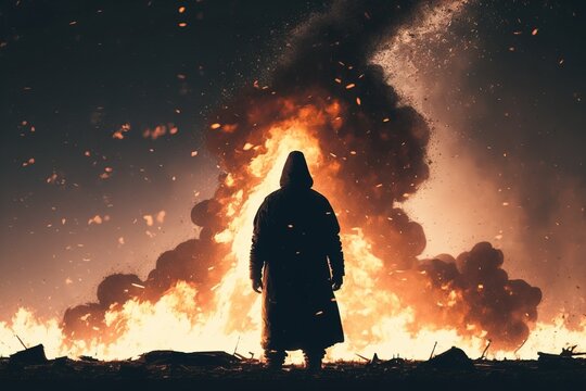 A man standing in front of a large fire with a hood on and a lot of flames coming out of it cinematic 4k wallpaper concept art auto-destructive art