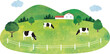 芝生の牧場と山と牛の挿絵的な景色