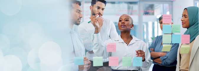 Wall Mural - Meeting, collaboration and sticky notes on glass with a business black woman coaching her team in the office. Strategy, teamwork and planning with a creative man and woman employee group at work