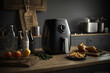 Airfryer in a kitchen background, generative ai background, small kitchen appliances, home and restaurant, generative ai