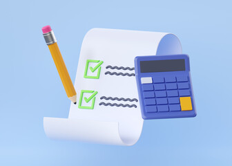 tax calculator 3d render - flying financial checklist, money management and payment invoice