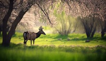 A Deer Standing In A Field Next To A Tree Filled With Pink Flowers And A Green Field With Rocks And Grass In The Foreground.  Generative Ai