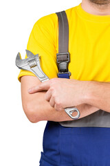 Poster - Male builder holding wrench isolated on a white background