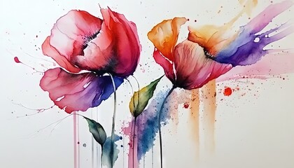  a painting of two flowers painted on a white background with a red and blue stripe on the bottom of the painting and the bottom of the painting has a splash of watercolor on it.  generative ai