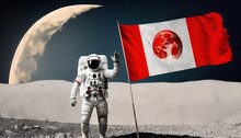  A Man In An Astronaut Suit Holding A Flag On The Moon's Surface With A Half Moon In The Background And A Half Moon In The Sky.  Generative Ai