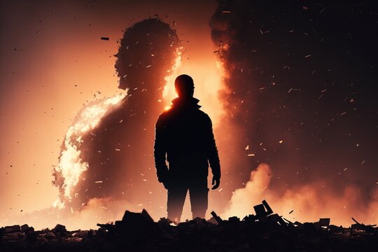 A man standing in front of a huge explosion of debris and debris in a dark room dystopian art poster art auto-destructive art