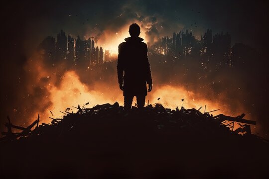A man standing in front of a fire filled city skyline in the dark of night dystopian art poster art sots art