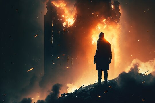 A person standing in front of a fire filled city skyline in a dark room with a giant fireball dystopian art cyberpunk art brutalism