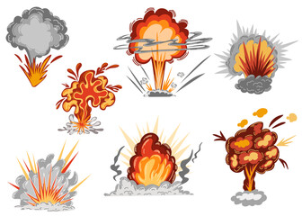 Explosions collection. An explosion from a bomb, an atomic or nuclear explosion. The concept of destruction, war and weapons. Hand drawn vector illustration isolated on the white background.