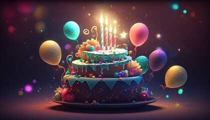  a birthday cake with candles and balloons on a table with a dark background with a lot of bubbles and confetti on it,.  generative ai