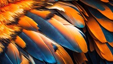  A Close Up Of A Colorful Bird's Feathers With Orange, Blue, And Yellow Feathers On It's Back Side And A Black Background.  Generative Ai