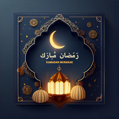 Wall Mural - 3d modern Islamic holiday banner, suitable for Ramadan, Raya Hari, Eid al Adha and Mawlid. A lit up lantern and crescent moon decor on serene evening background. Generating Ai.