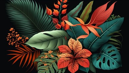  Tropical Leaves and Flowers. AI generative. 