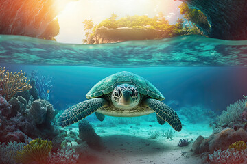 Sea turtle in crystal clear water. Amazing crystalline seabed. Reef full of life. Generative AI