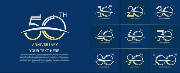 set of anniversary logotype gold and silver color with swoosh for special celebration event