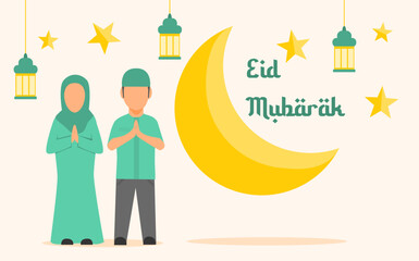 eid mubarak greeting in flat design with muslim couple. eid al fitr greeting concept