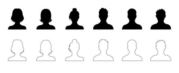 set of silhouettes, detailed head silhouettes of males and females, male and female head avatars wit