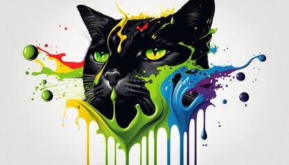  a black cat with green eyes and yellow eyes is surrounded by multicolored paint splatters and drops of water on a white background.  generative ai