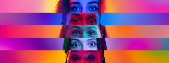 Wall Mural - Collage. Widely open. Close-up image of female eyes placed on narrow stripes over multicolored background in neon light. Concept of human diversity, emotions, equality, human rights, youth