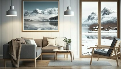 Poster -  a living room filled with furniture and a painting on the wall next to a large open window with a view of mountains in the distance.  generative ai