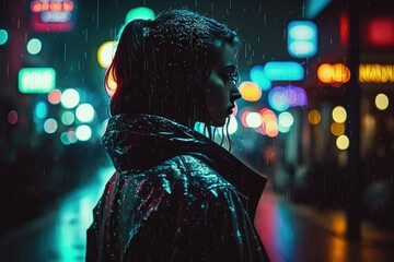 A Moment of Reflection An Analog Style Photograph of a Woman Standing Alone in the Rain, Silhouetted by the Neon Lights of a Night City with Perfect Depth of Field Generative AI