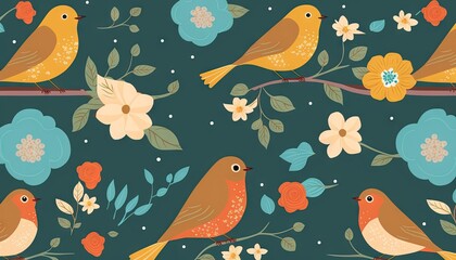  a couple of birds sitting on top of a tree branch next to a flower filled tree branch with leaves and flowers on a green background.  generative ai