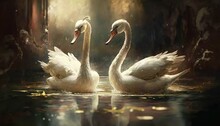  Two White Swans Swimming In A Pond With Leaves On The Ground And A Tree In The Background With A Light Shining On The Water Behind Them.  Generative Ai