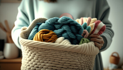  a woman holding a basket full of yarn and knitting needles in her hands, with a blue sweater in the background and a white basket with a variety of yarns.  generative ai