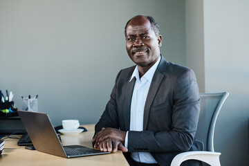 Aufkleber - Happy experienced chief executive officer in formalwear looking at camera while sitting by workplace in office and networking
