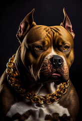 Canvas Print - American Bully dog with gold chain on black background.  Generative AI.