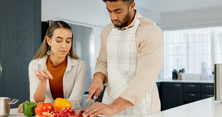 Poster - Couple, cooking and together in kitchen and learning for relationship growth and bonding, skill development and support. Young man, woman and cook Italian food, help and advice, spending quality time