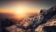 Astronaut Lying With Head Resting On Rock Watching Sunrise With Generative AI Technology.