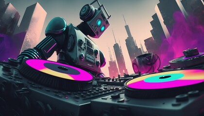 A robot DJ mixing music and urban city in the background with Generative AI Technology.