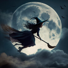 A Witch Flying With Her Broom At The Full Moon