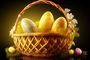 Wall Mural - Easter basket with golden eggs and flowers on a black background.