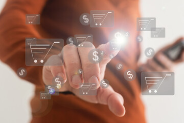 Poster - closeup concept of a male businessman standing pointing up a finger, wearing black suit, shirt and tie, representing interaction in technology within business industry, with grey flat background