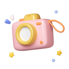 Poster - Pink toy camera on minimal pastel background isolated on pastel background. icon symbol clipping path. PNG 3d render illustration