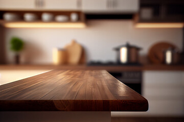 Wall Mural - Empty wood counter top with blurred minimal kitchen background. Generative AI.